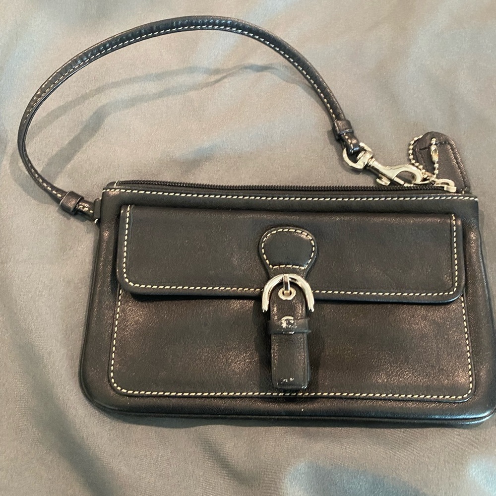 Coach Black Leather wristlet with Tag and Silver Chain